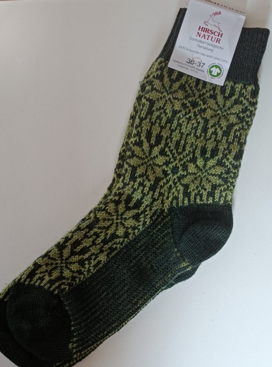 Warme Norwegersocke / auch als Hausschuhersatz dunkelgrün maigrün 36-37